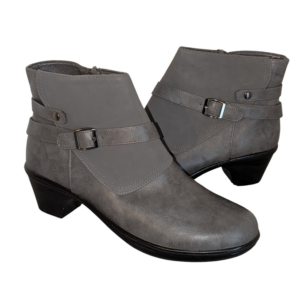 Grey Faux Leather Ankle Booties Side Zip Buckle Strap Block Heel Womens‎ 12W